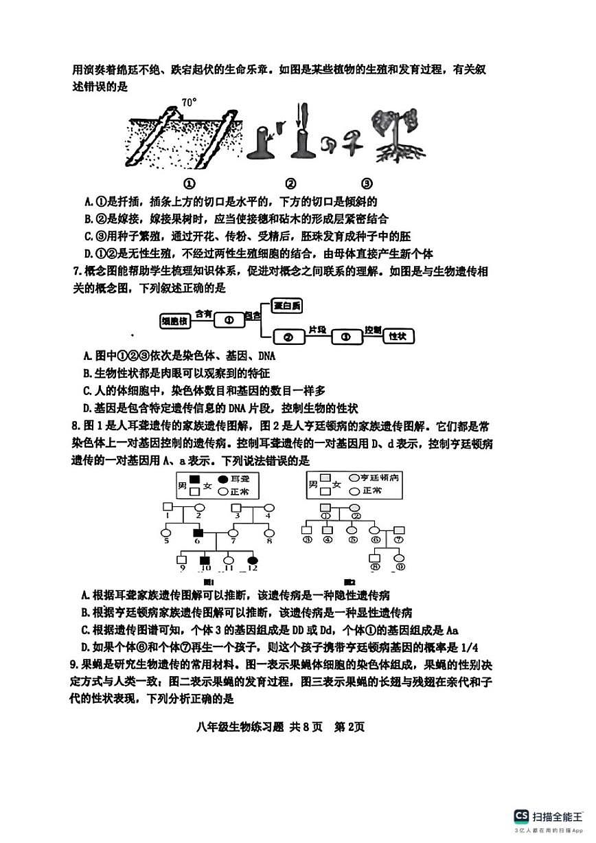 2025-2026学年山东泰安市岱岳区八年级上学期期末考试生物试题(含答案)第2页