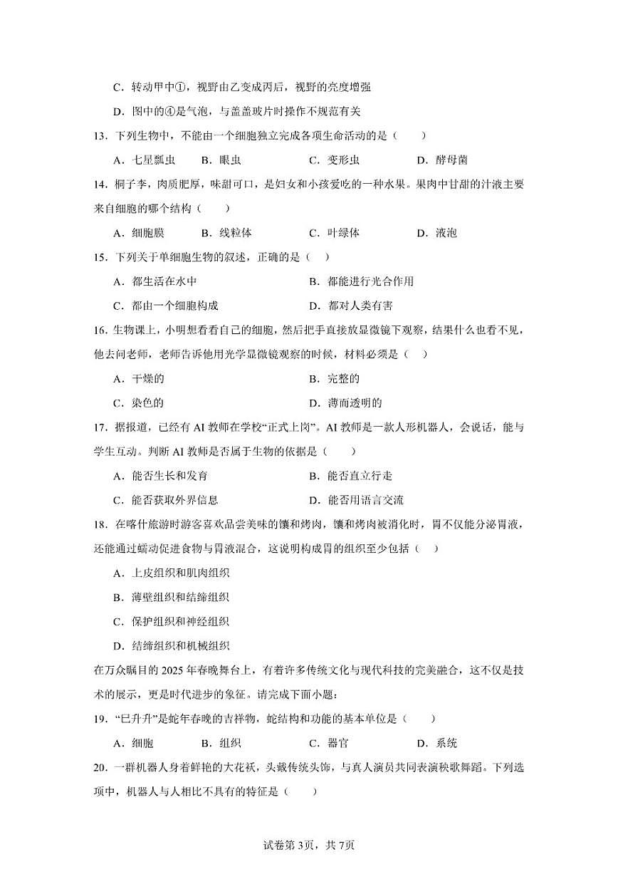 2025-2026学年七年级生物上册期末新人教版综合测试习题(含答案)第3页