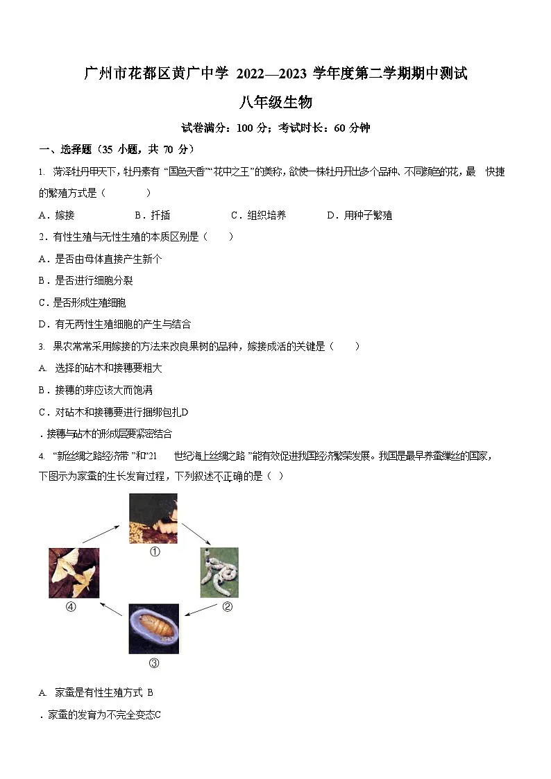 广州市花都区黄广中学2022-2023学年八年级下学期期中生物试题(含答案)第1页