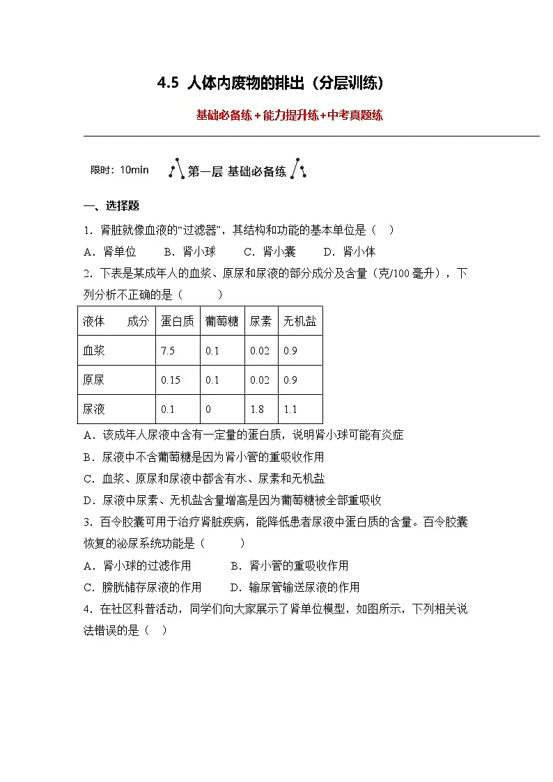 4.5 人体内废物的排出(分层作业)(原卷版)初中生物人教版(2024)七年级下册第1页