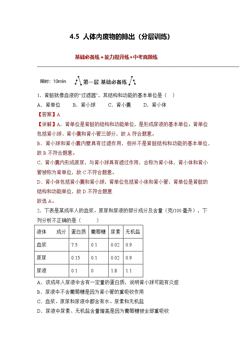 4.5 人体内废物的排出(分层作业)(解析版)初中生物人教版(2024)七年级下册第1页