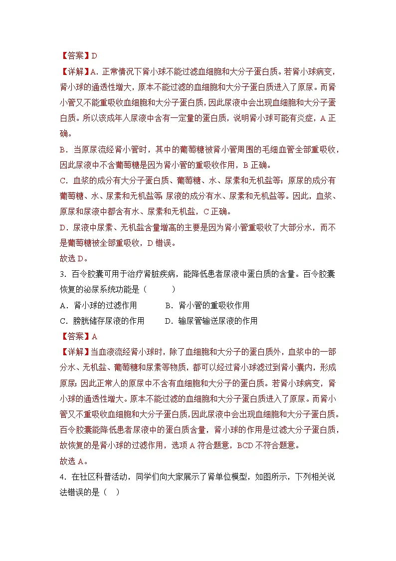 4.5 人体内废物的排出(分层作业)(解析版)初中生物人教版(2024)七年级下册第2页