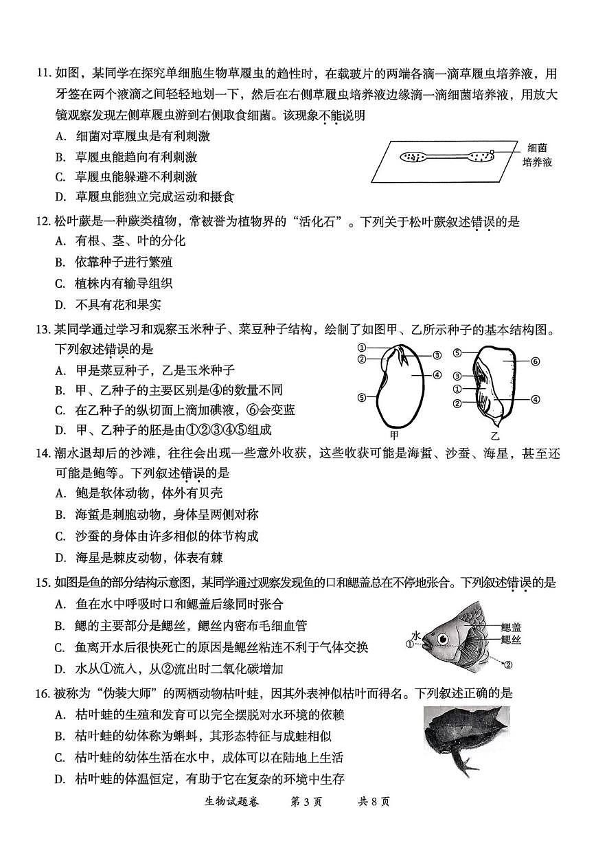 2025-2026学年云南省曲靖市七年级上学期1月期末生物试题(含答案)第3页