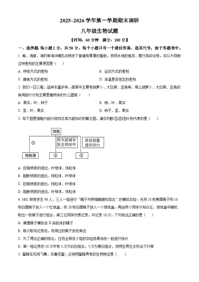 山东临清市2025-2026学年第一学期期末调研八年级生物试题(试卷+解析)第1页