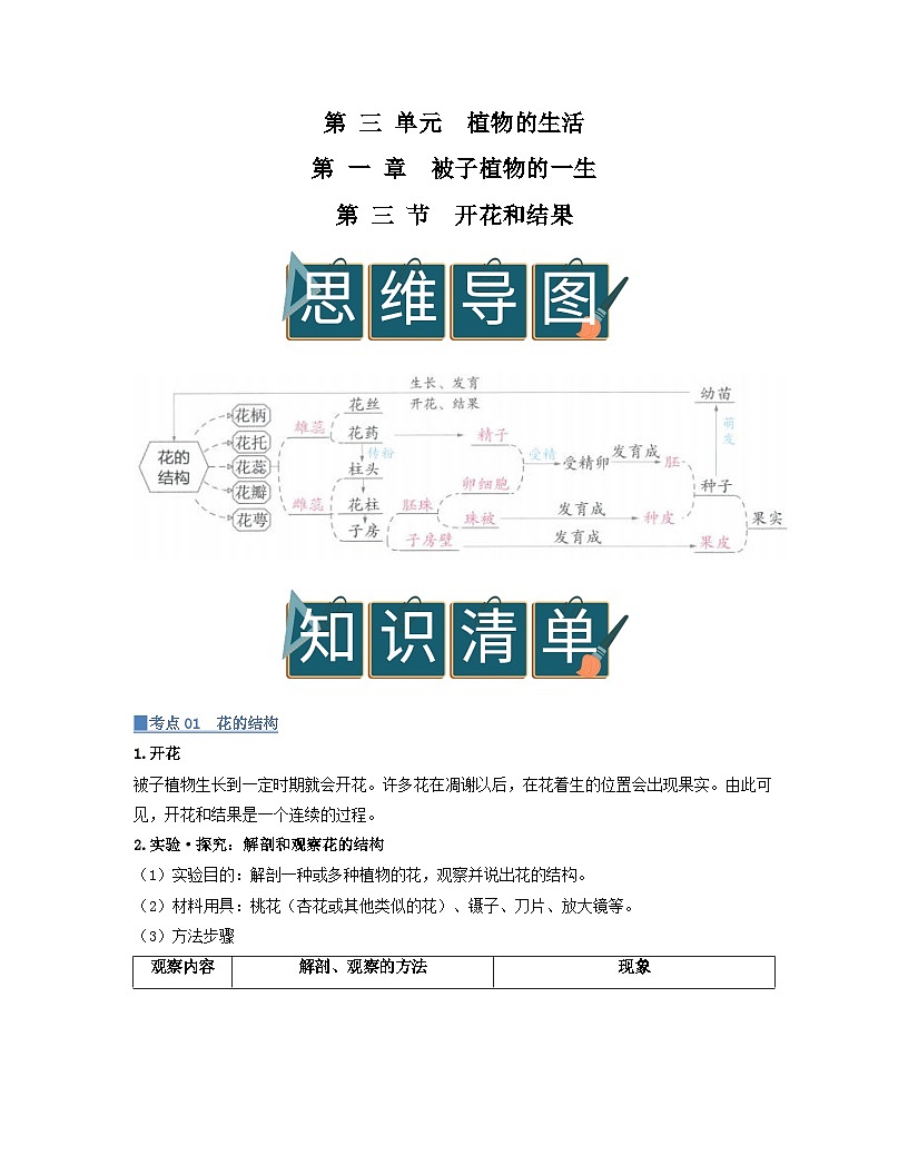 第三单元 第1章 第3节 开花和结果 2025-2026学年初中生物人教版2024七年级下册同步讲义(原卷版)第1页
