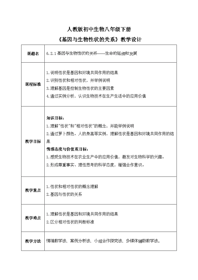 6.2.1基因与生物性状的关系——生命的延续和发展【教学设计】——2026年初中生物八年级下册人教版第1页