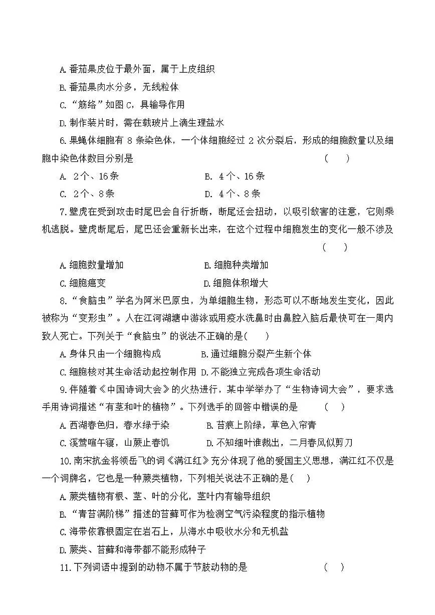 2025-2026学年辽宁省鞍山市铁东区华育学校七年级下学期3月学情自测生物试题(含答案)第2页