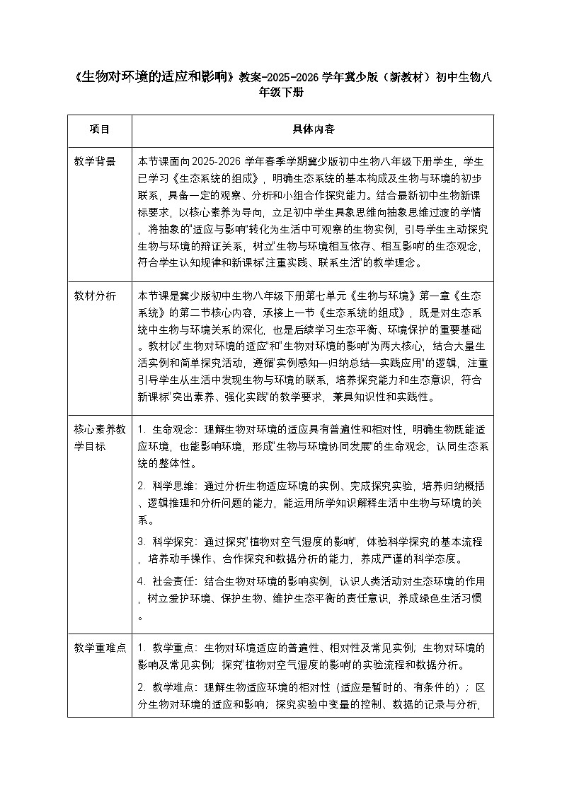 第七单元第一章第二节《生物对环境的适应和影响》教案(表格试)-2025-2026学年冀少版(新教材)初中生物八年级下册第1页