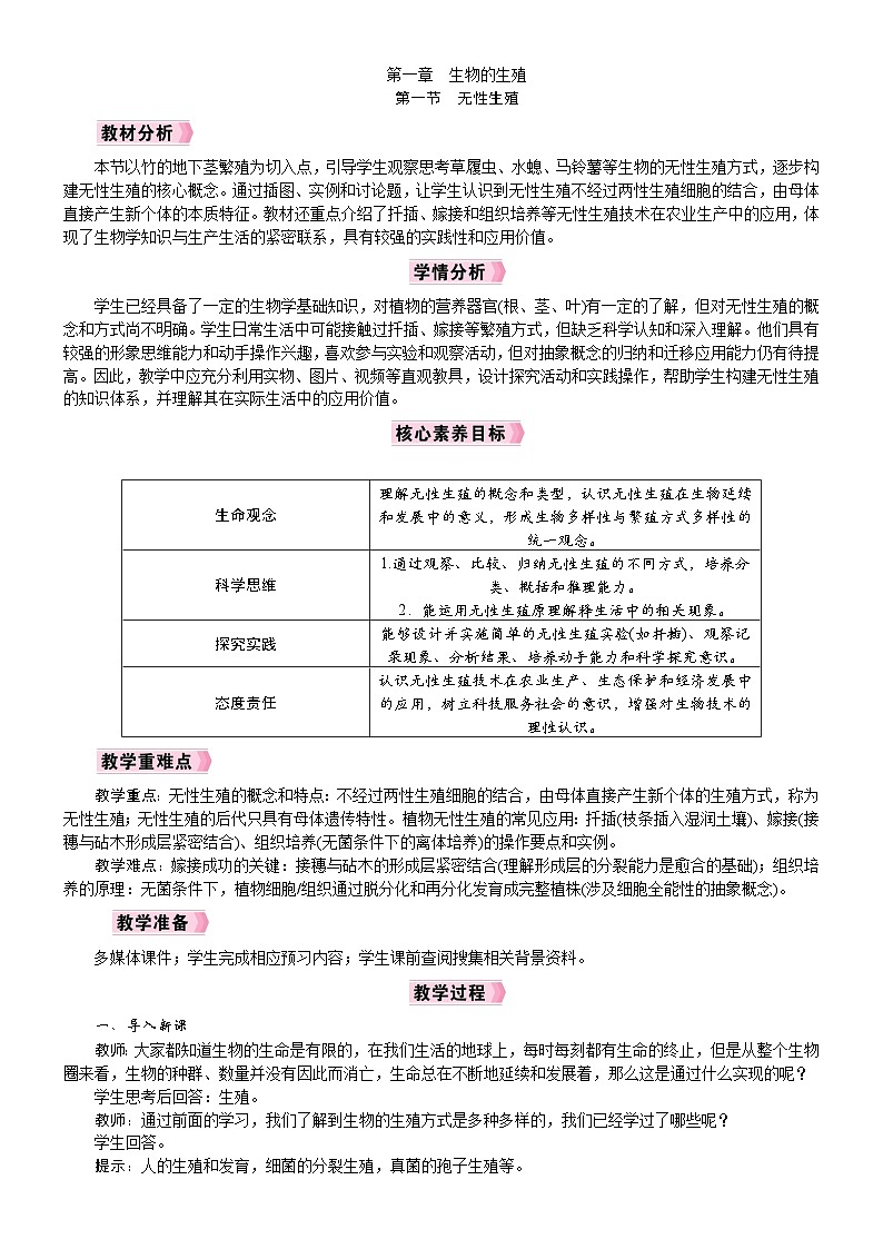 2026年八年级生物下册 人教版(2024)电子教案第1章 生物的生殖第1节 无性生殖第1页
