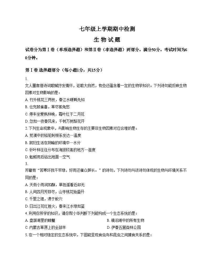 山东省泰安市新泰市2025_2026学年七年级上学期11月期中考试生物试题(文字版,含答案)第1页
