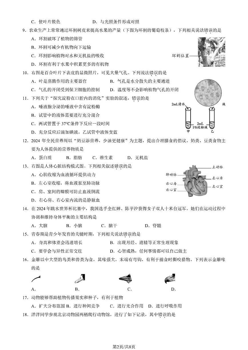 2024年北京市-西城区初中学业水平考试生物试题((PDF版,含答案))第2页