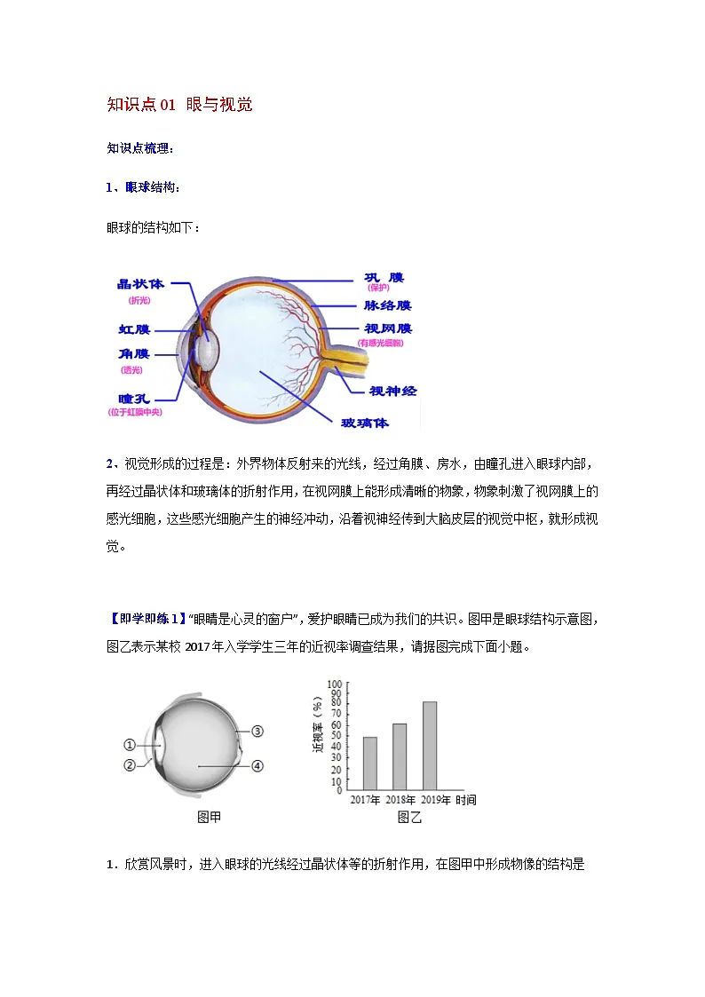 七年级下学期生物考点突然与提分——人体对外界环境的感知练习题(含答案)第2页