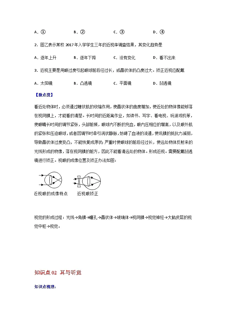 七年级下学期生物考点突然与提分——人体对外界环境的感知练习题(含答案)第3页