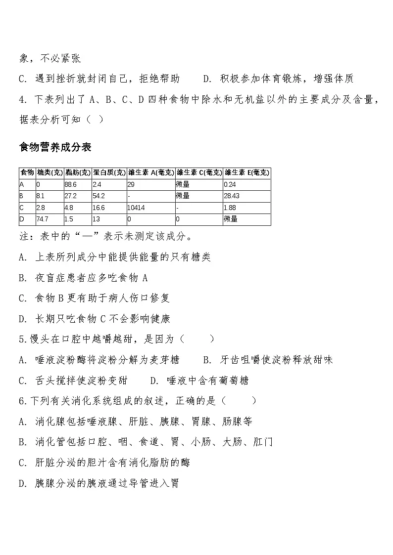 七年级下学期3月学情自测生物试题第2页