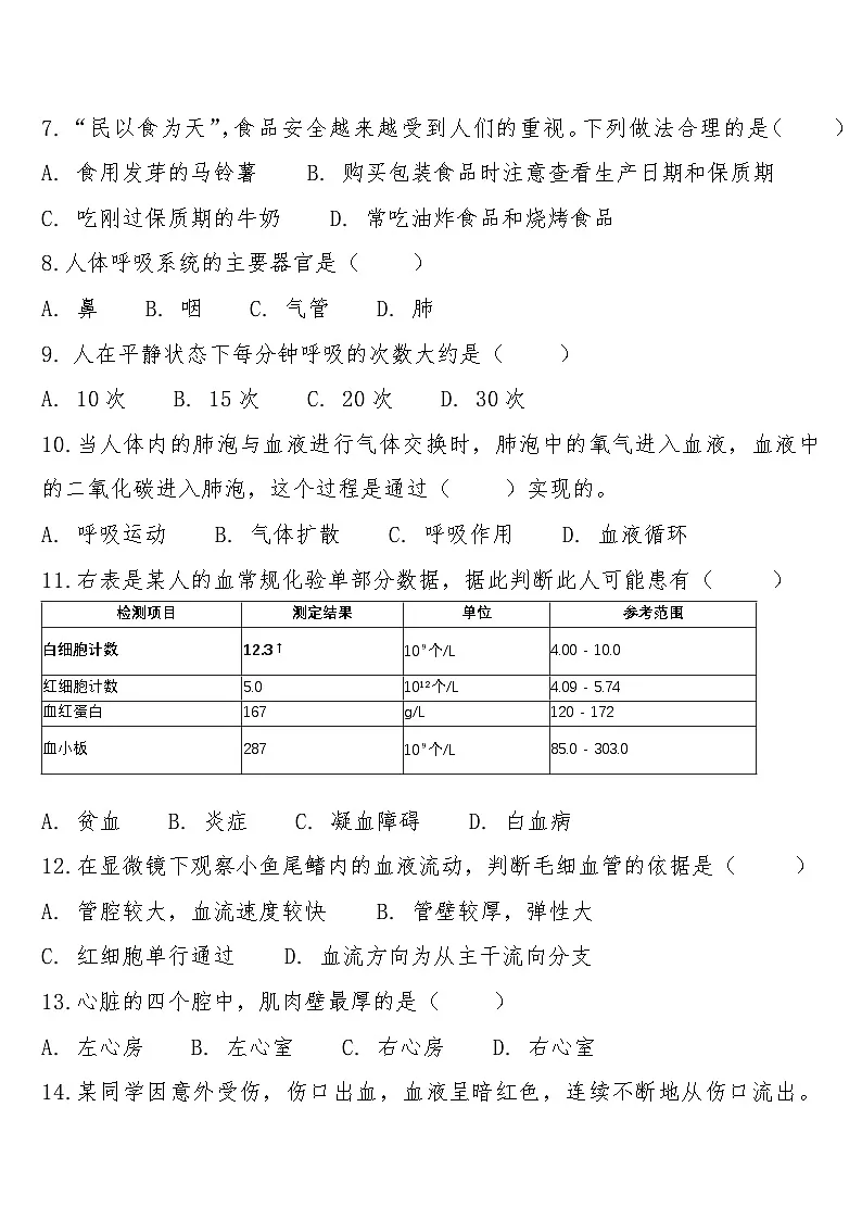 七年级下学期3月学情自测生物试题第3页