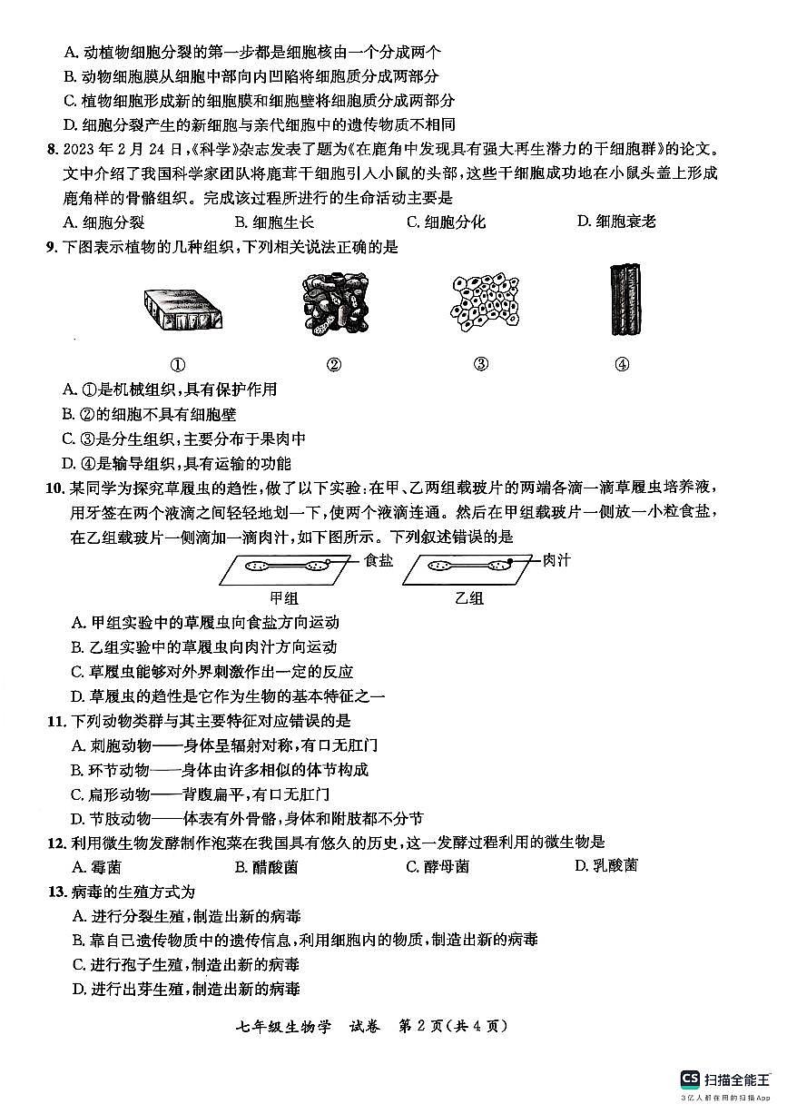 广西玉林市玉州区2024-2025学年七年级上学期期末检测生物试题第2页