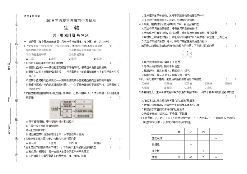 2019年内蒙古赤峰中考生物试卷（含答案与解析）01