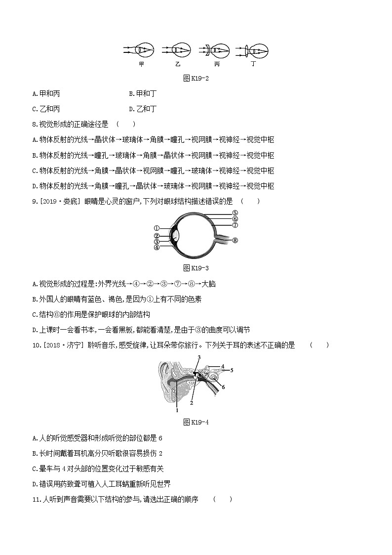 2020中考生物一轮复习方案第三单元生物圈中的人课时训练19人体对外界环境的感知试题第2页