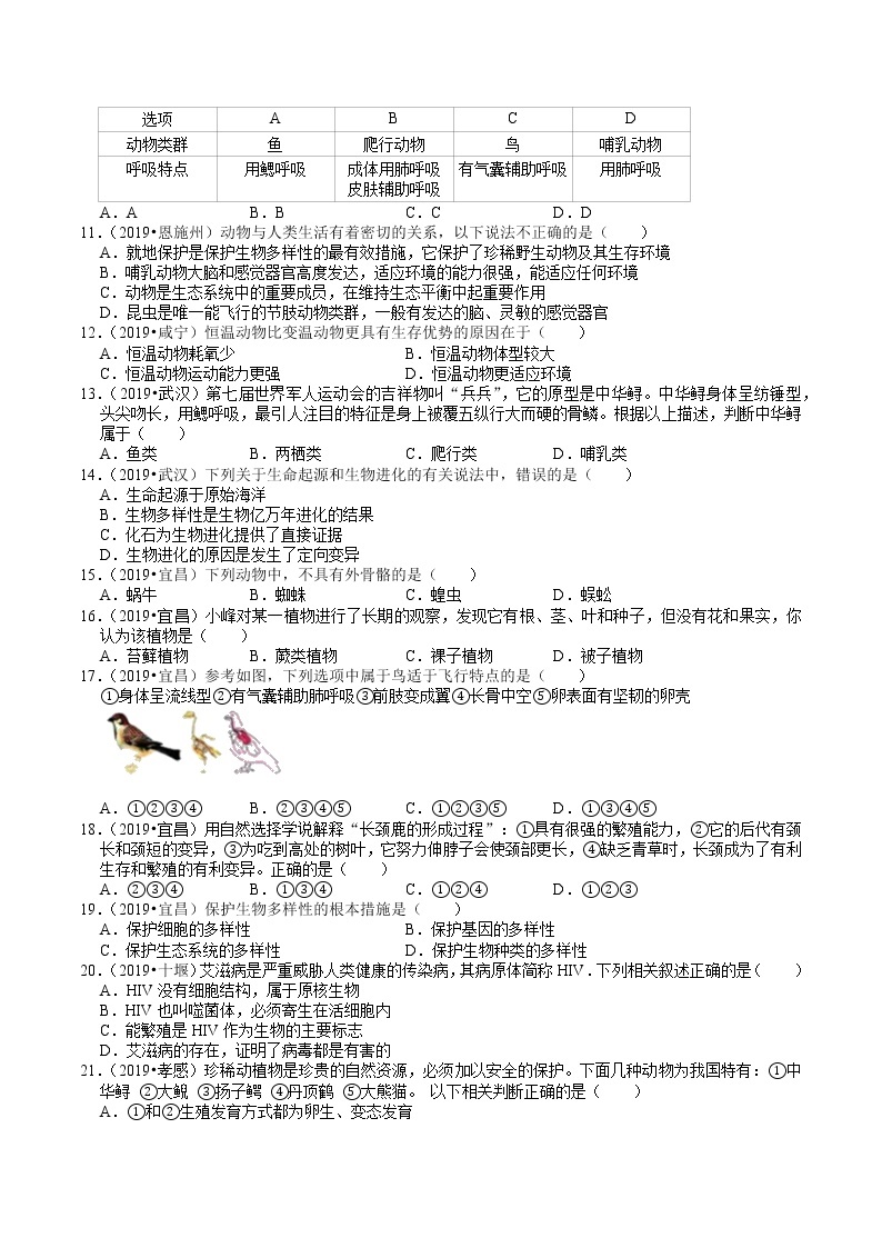 湖北省2018-2020年近三年中考生物试题分类（6）——生物多样性(含解析)02