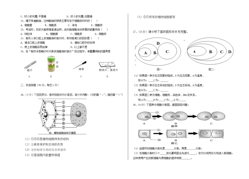 人教版 (新课标)初一上册生物试卷（含答案、答题卡）2020.1102