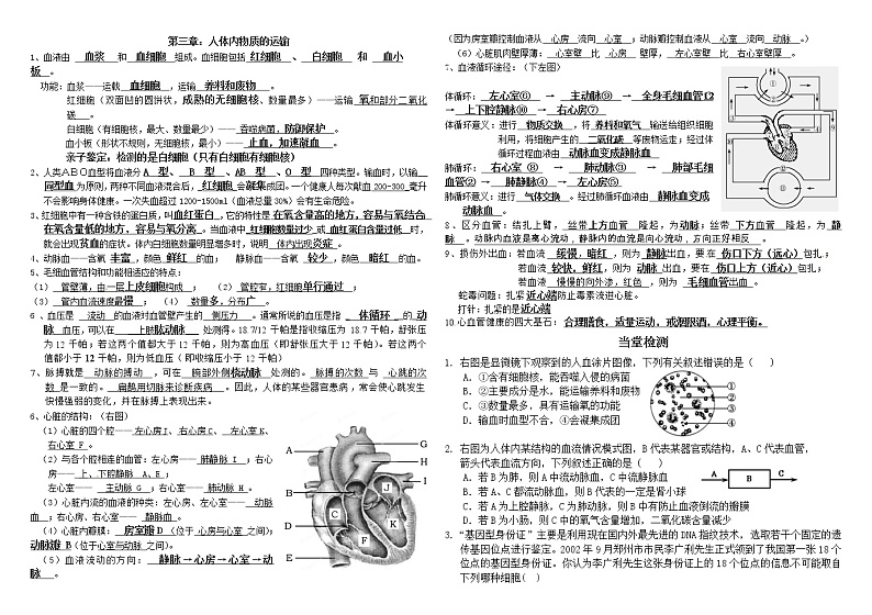 济南版七年级下册第三单元第三章 人体内物质的运输知识点复习及检测第1页