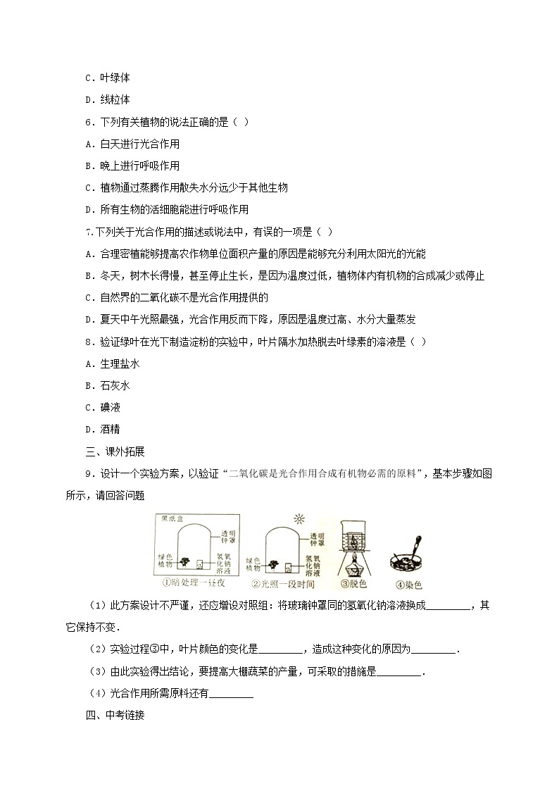 北京课改版七年级生物上册4.2绿色植物的光合作用练习（2份打包，含答案）02