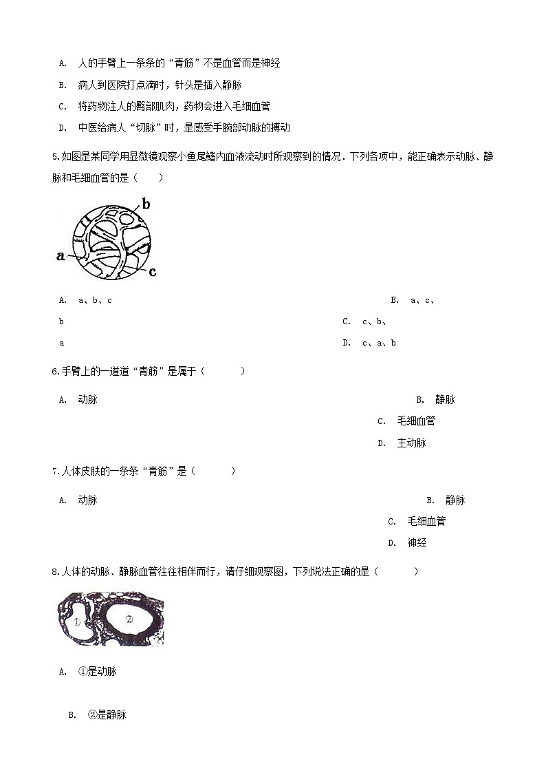 2021年人教版七年级生物下册 第4章第2节 血流的管道_血管同步测试(含答案)02