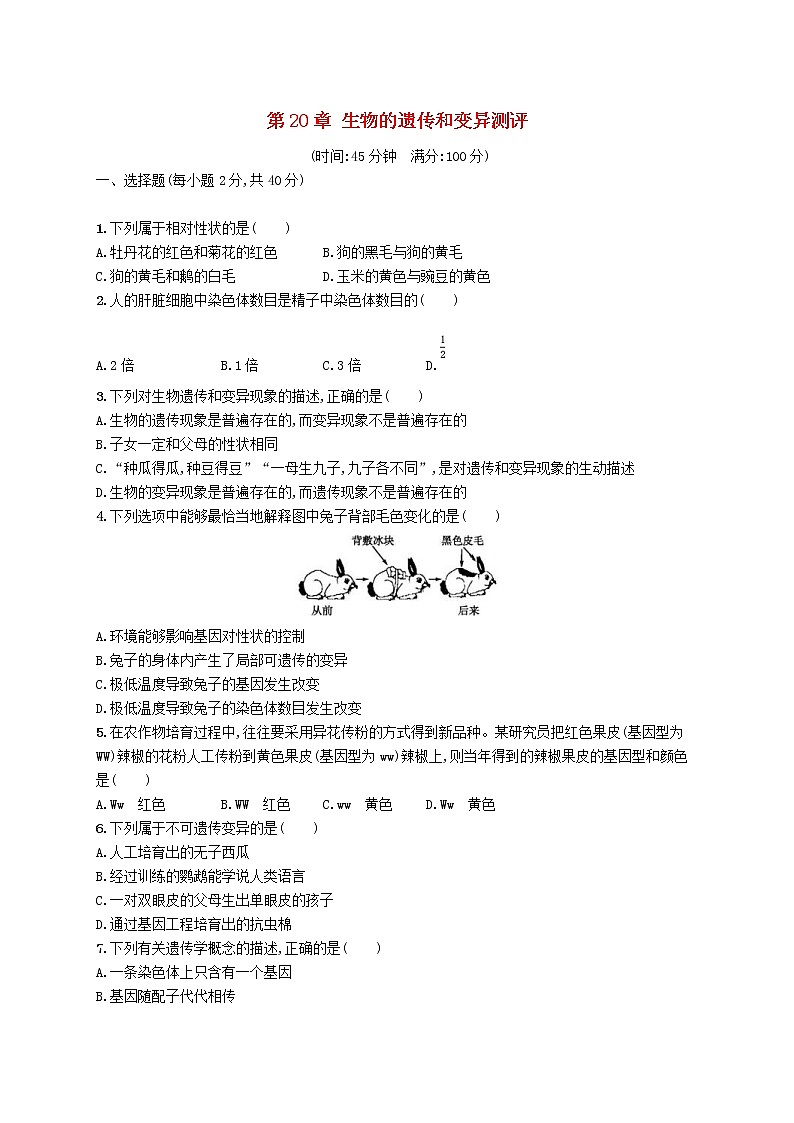 2020年北师大版八年级生物上册第20章生物的遗传和变异 测评(含答案)01