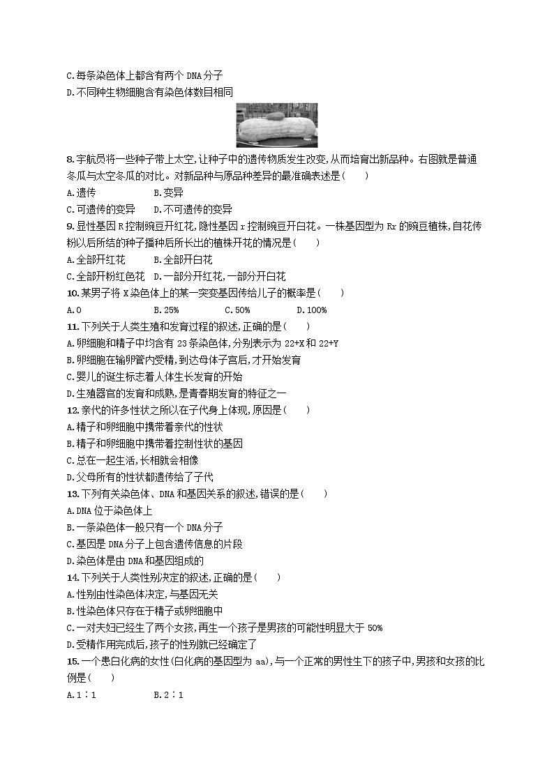 2020年北师大版八年级生物上册第20章生物的遗传和变异 测评(含答案)02