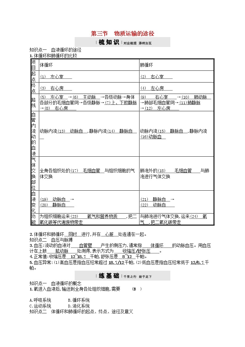 济南版七年级生物下册3.3.3物质运输的途径 检测(含答案)01