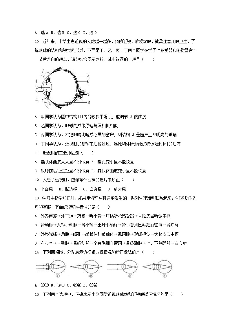 2021年人教版七年级生物下册 第6章第1节 人体对外界环境的感知 尖子生题(含答案)03
