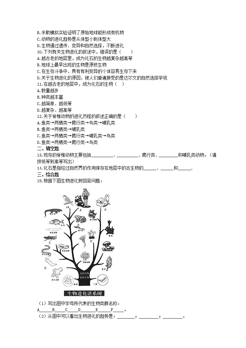 2021年人教版生物八年级下册7.3.2《生物进化的历程》精选练习 (含答案)02