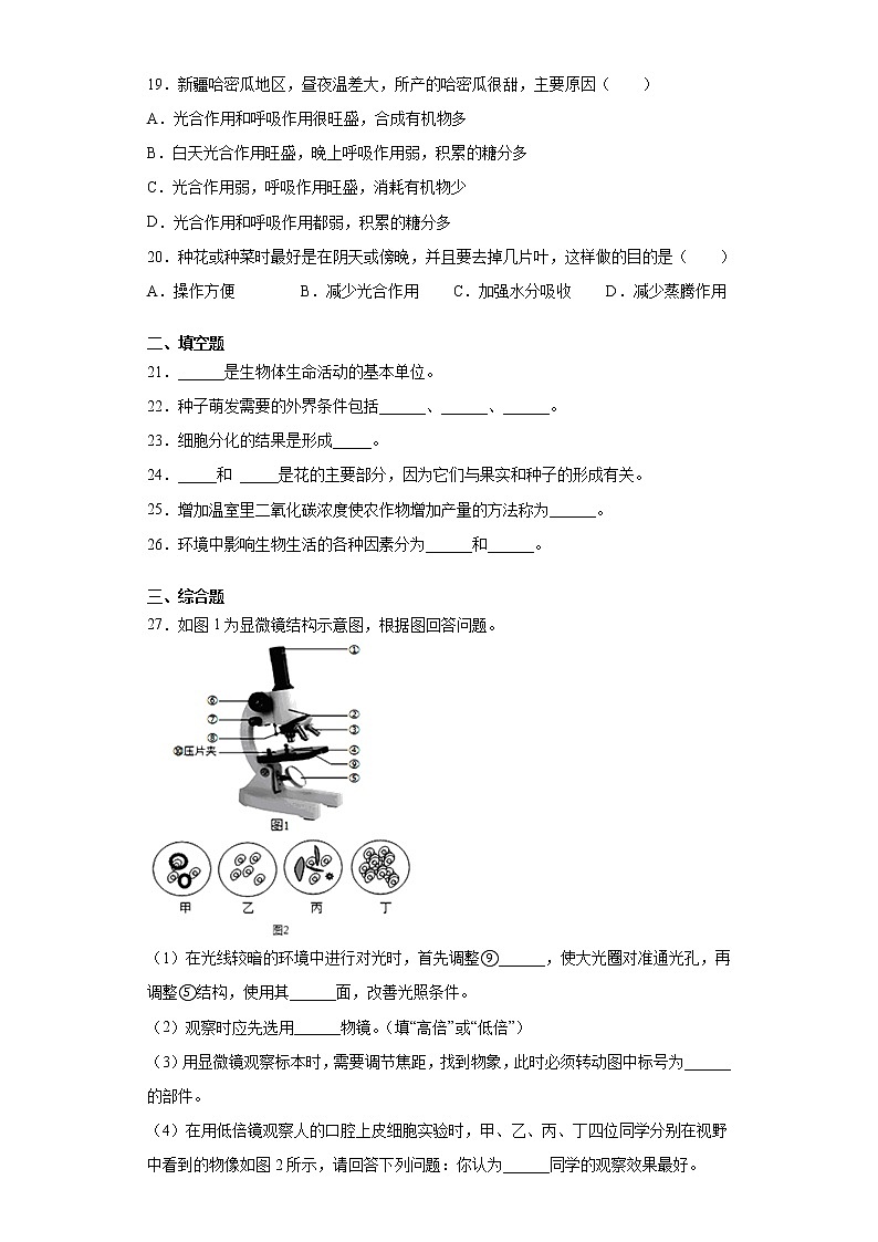 试卷 甘肃省张掖市山丹县2020-2021学年七年级上学期期末生物试题(word版含答案)第3页