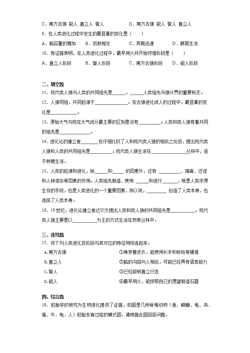 2020-2021学年济南版生物八年级下册第五单元第二章《人类的起源与进化》测试卷(含答案)02