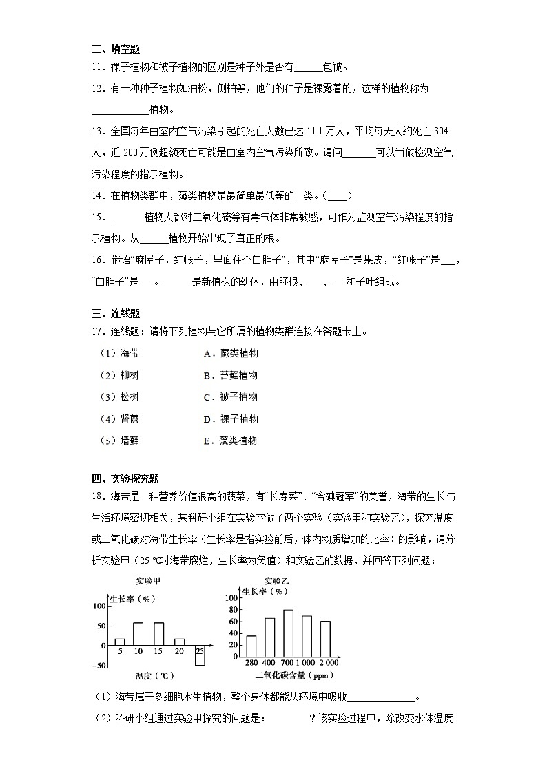 2020-2021学年鲁科版生物六年级下册第一章《生物圈中的哪些绿色植物》测试卷(含答案)02