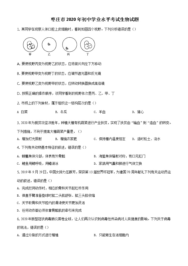 山东省枣庄市2020年中考生物试题(原卷版+解析版)01