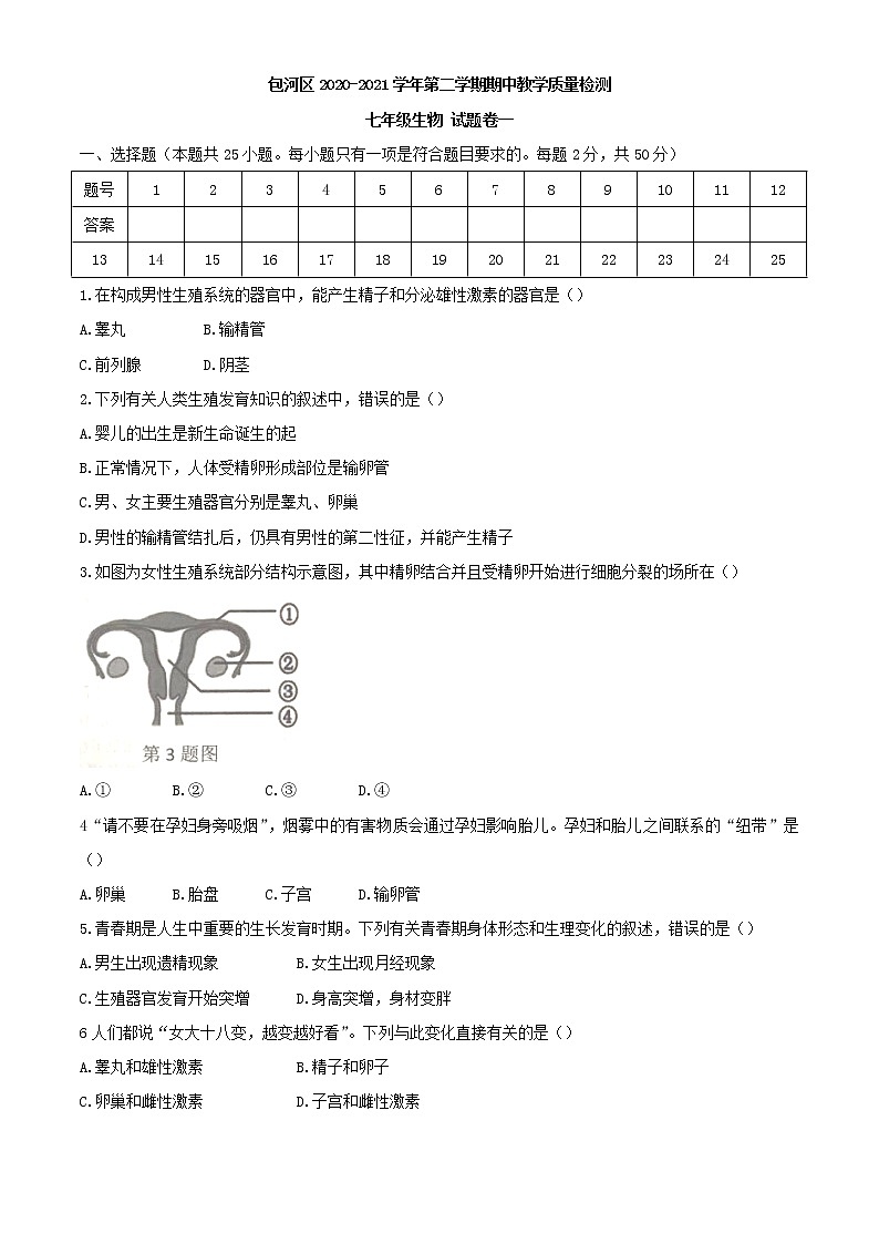 安徽省合肥市包河区2020-2021学年七年级下学期期中生物试题(word版 含答案)01