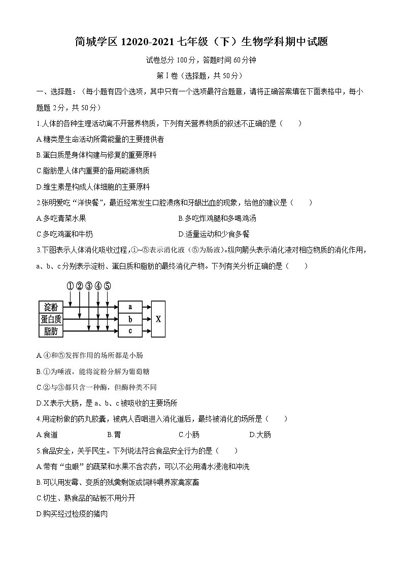 四川省简阳市简城学区2020-2021学年七年级下期中生物试题(word版 含答案)01