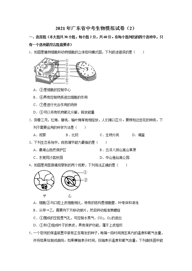 2021年广东省中考生物模拟试卷（2）解析版01