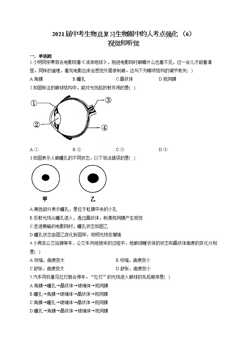 2021届中考生物总复习生物圈中的人考点强化 （6）视觉和听觉 试卷01