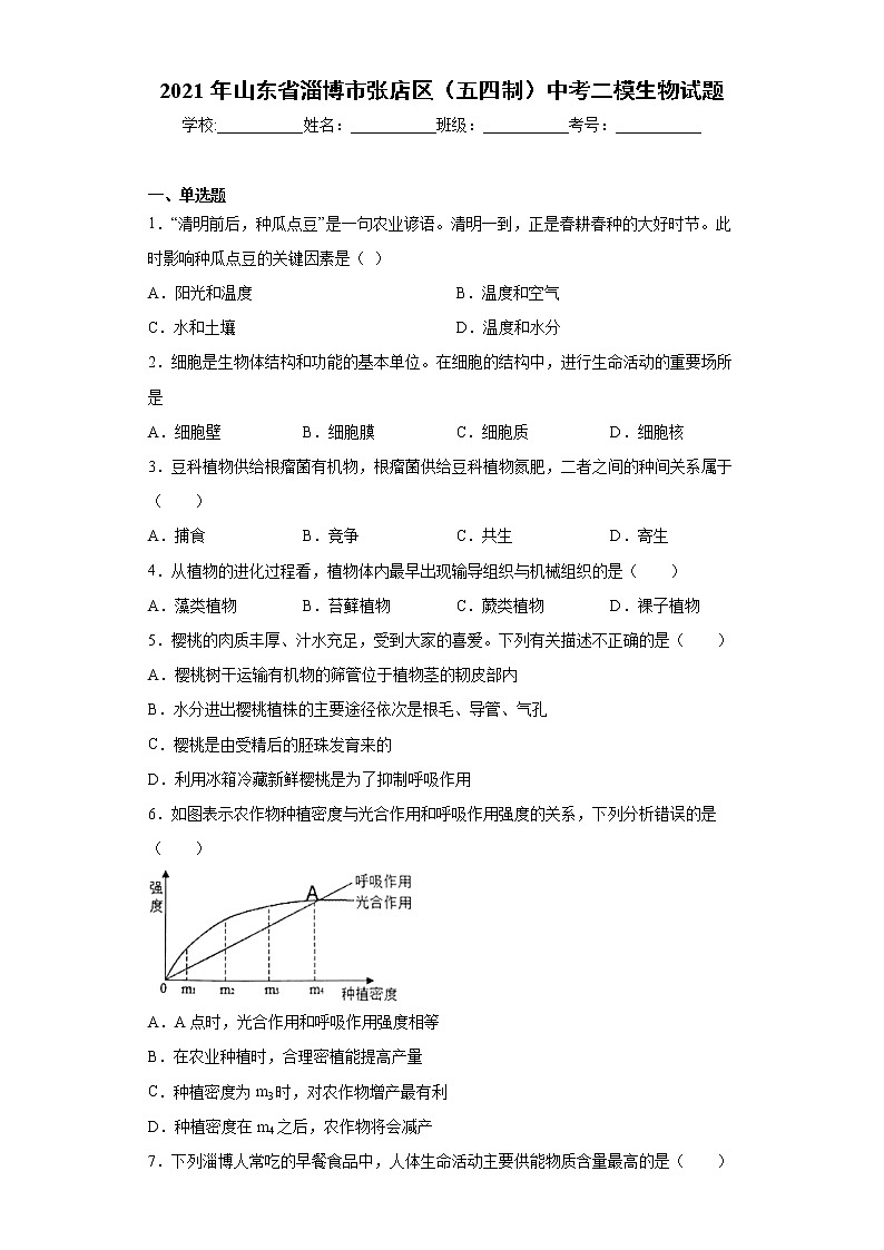 2021年山東省淄博市張店區(qū)（五四制）中考二模生物試題(word版含答案）第1頁