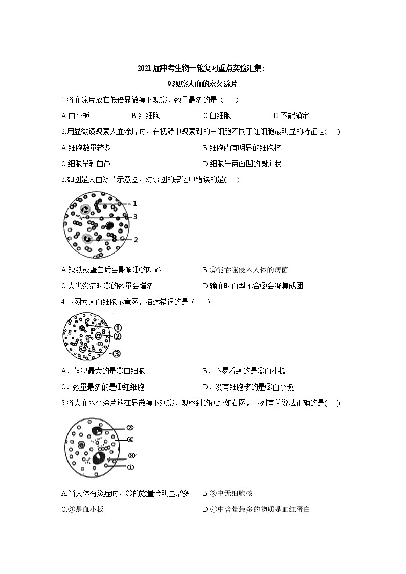 2021年中考生物一轮复习重点实验汇集:9.观察人血的永久涂片第1页