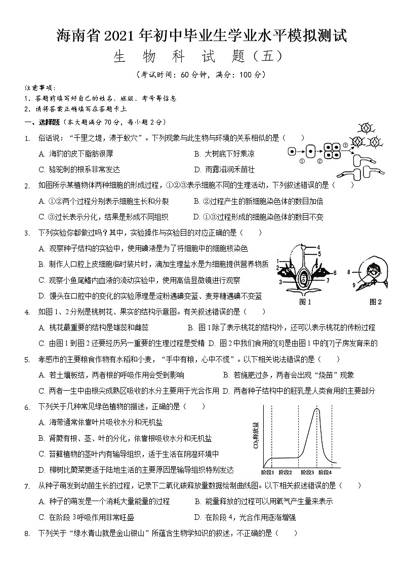2021年海南省初中学业水平生物模拟测试(五)(word版 含答案)01
