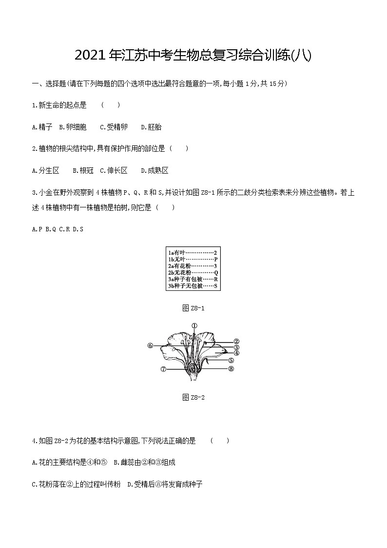 2021年江苏中考生物总复习综合训练(八) (word版 含答案)第1页