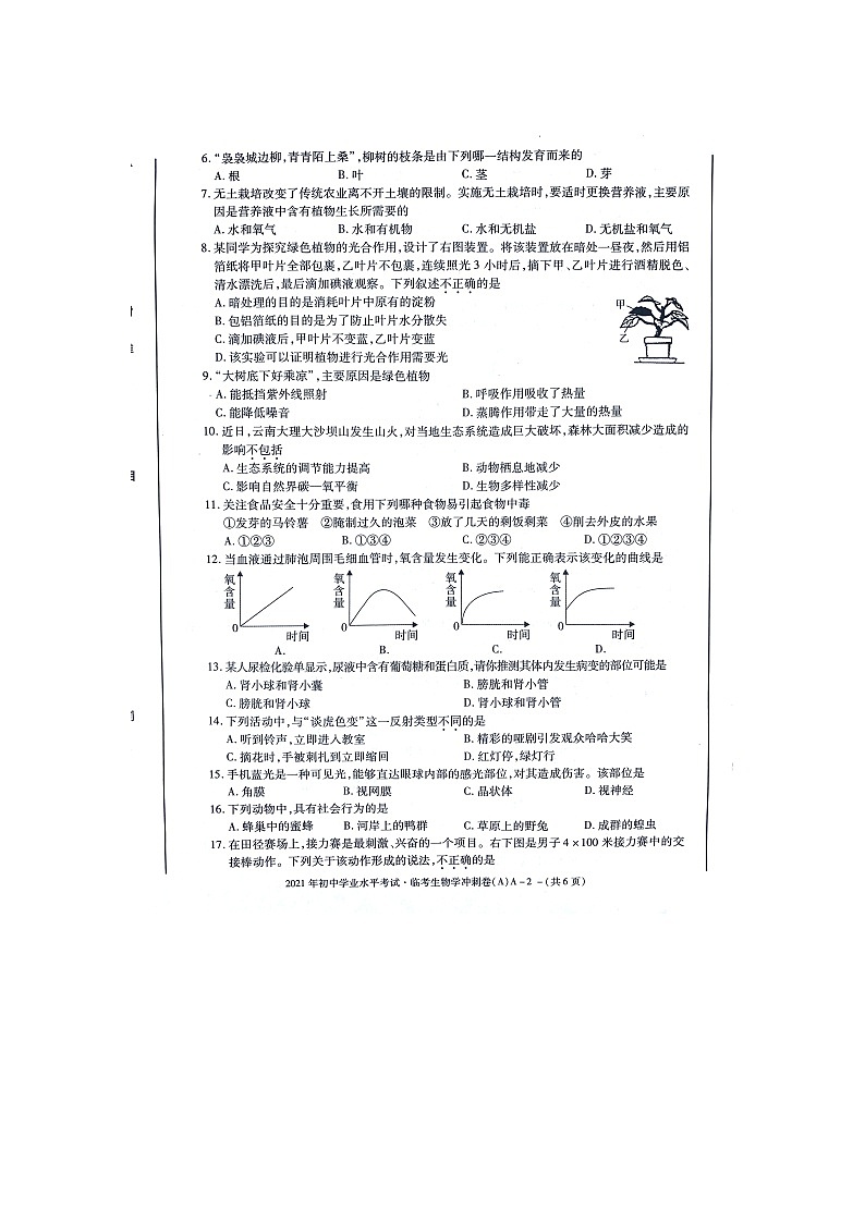 2021年陕西省咸阳市初中学业水平考试临考冲刺卷生物试卷02