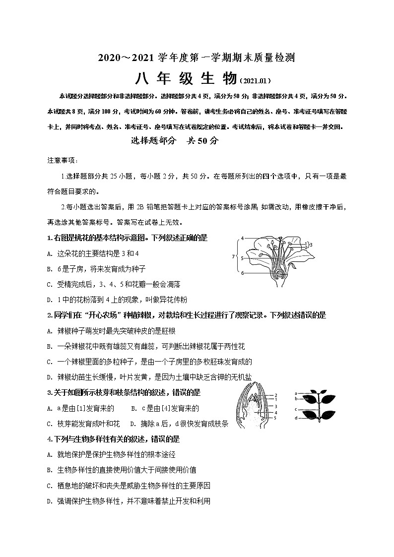 山东省济南市槐荫区2020-2021学年八年级上学期期末考试生物试题(word版 含答案)01