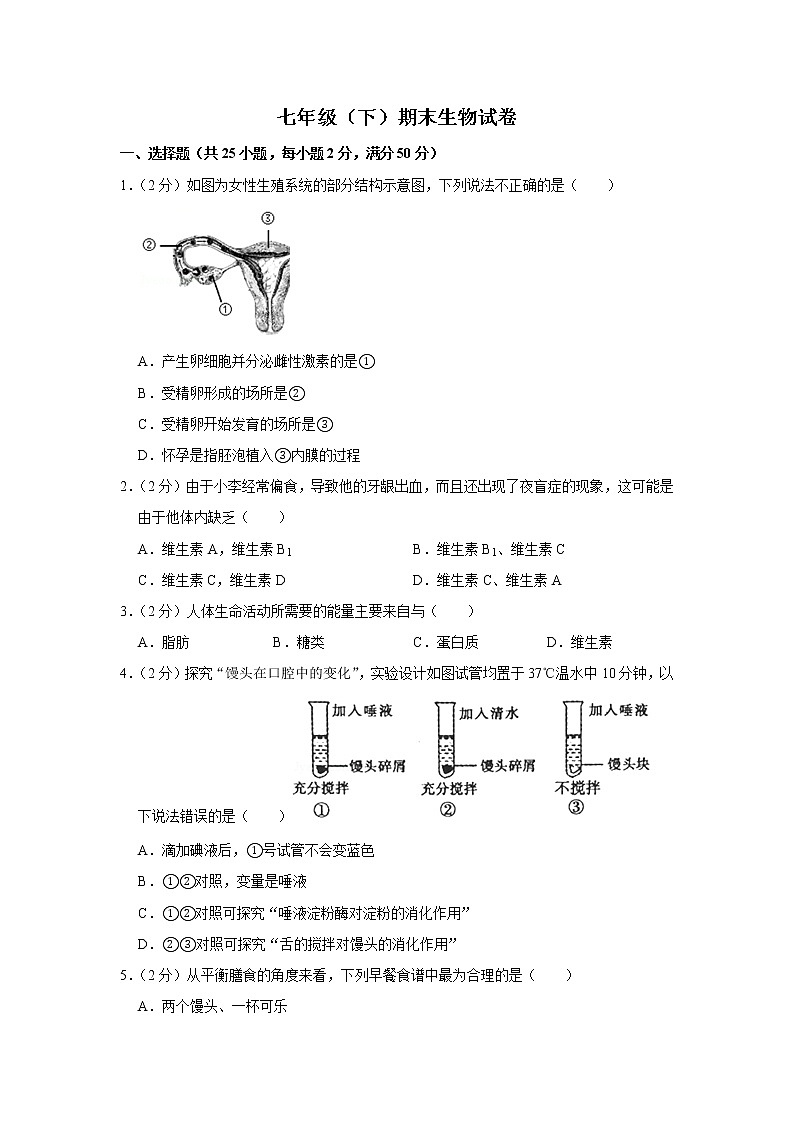 期末水平测试卷3 2020-2021学年七年级下学期生物期末考试试题(word版 含答案)第1页