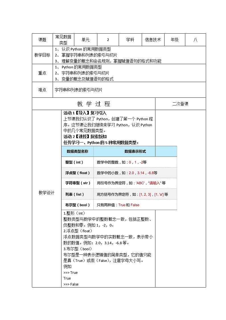 第2课 常用数据类型(教案)-2021-2022学年浙教版(2020)信息技术八年级上册第1页
