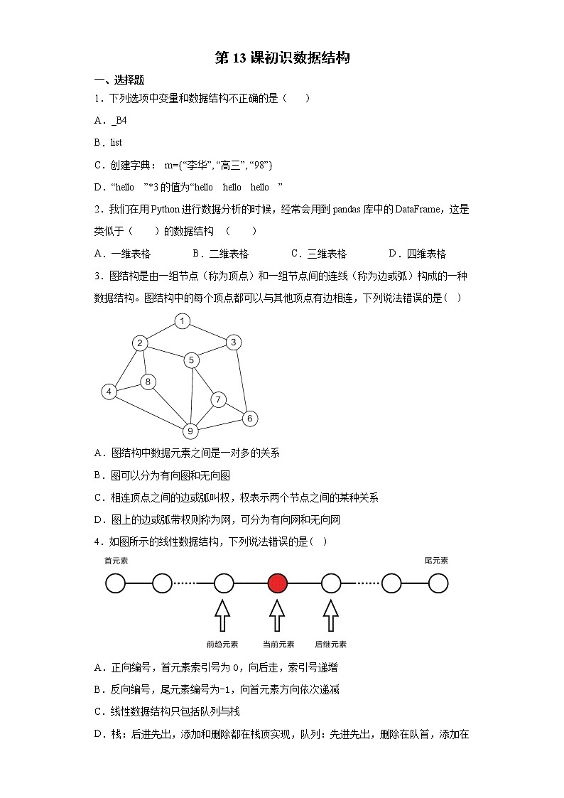 第13课初识数据结构-同步练习 2021-2022学年浙教版(2020)初中信息技术七年级下册第1页