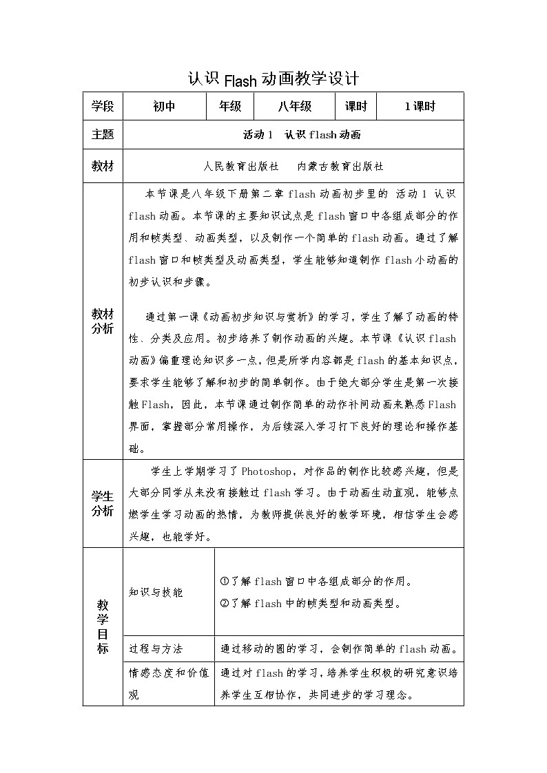 人教(蒙教版)八下信息技术 2.1认识Flash动画 教案第1页